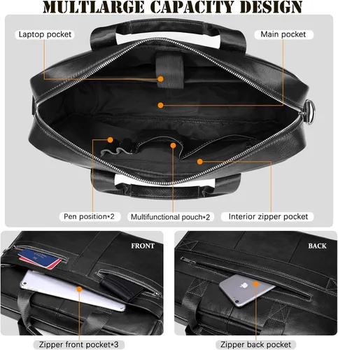 Vista 3 de Maletín de cuero genuino para hombres, bolso de hombro para computadora portátil con correa, bolso de trabajo de viaje de negocios de 15.6 pulgadas