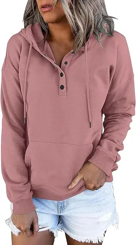 Vista 2 de LRMQS Sudaderas con capucha para mujer con bolsillo de canguro, color sólido, suelto, medio botón, sudadera con capucha para otoño 2023