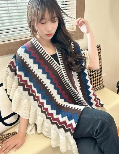 Vista 2 de Perbai Poncho de punto con volantes y frente abierto para mujer, estilo bohemio, a rayas