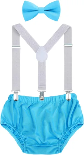 Vista 18 de AWAYTR Conjunto de bombones para bebé niño con tirantes y pajarita para fiesta de primer cumpleaños Beige
