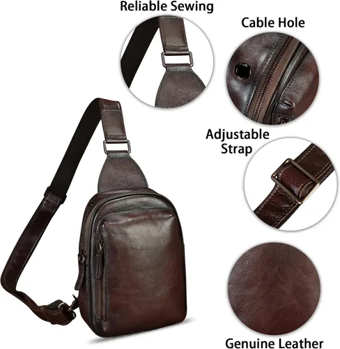 Vista 6 de LRTO Bolso bandolera pequeño de cuero genuino para mujeres y hombres, bolsa cruzada para el pecho, mochila para senderismo, deportes, viajes