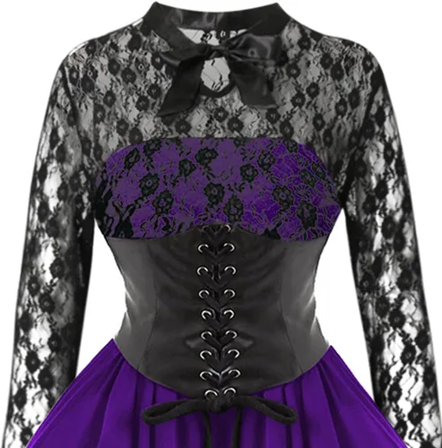 Vista 4 de Vestido gótico sin mangas para mujer con corsé halter de encaje swing vestido de cóctel formal Halloween punk hippie vestidos, Manga larga#púrpura