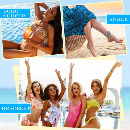 Vista 5 de Yinkin 36 Piezas Pulseras Bohemias de Surfista para Tobillo para Mujeres Impermeables Unisex Étnicas para Tobillo para Mujeres y Hombres Hechas a