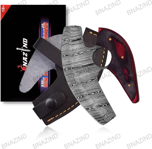 Vista 2 de Damascus Alaskan Ulu Cuchillo cortador de pizza Cuchillo balancín - Cuchillos de Damasco multiusos para desollar, cazar, cuchillo de cortar