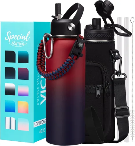 Vista 32 de Botellas de agua de 32 onzas aisladas con pajita y tapa para beber de un sorbo, asa de paracord, bolsa de transporte con correa, termo de triple