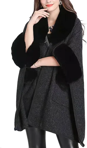 Vista 2 de Iristide Poncho para mujer con bolsillo cálido cárdigan de cachemira con piel de conejo