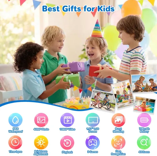 Vista 6 de PROGRACE Cámara impermeable para niños, cumpleaños para niños de 3 a 12 años, cámara de video submarina HD 1080P para niños, juguetes de piscina