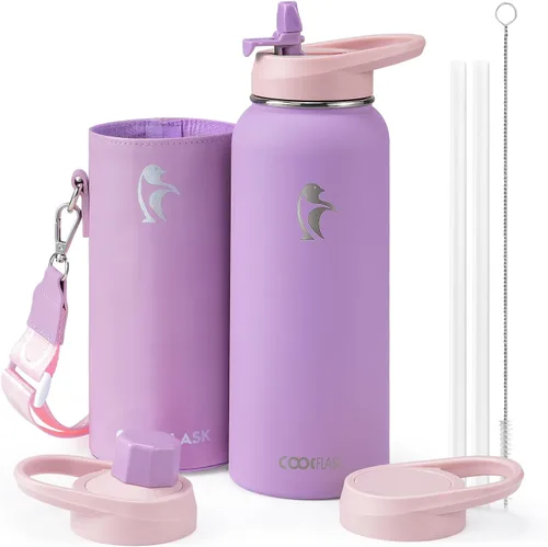 Vista 8 de Coolflask Botella de agua de 64 onzas aislada con funda de cuero PU, botella de agua de medio galón con contraste de color y tapa con popote, jarra