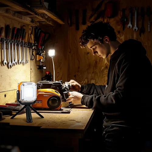 Vista 6 de Luz de trabajo recargable de 2000 lúmenes, linterna de campamento LED de doble cara de 8 modos con imán y trípode, luz de emergencia portátil