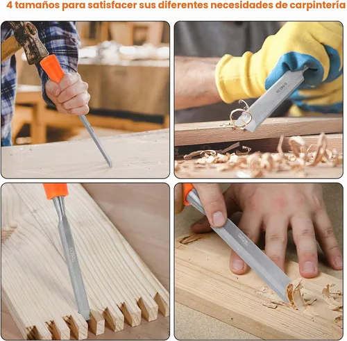 Vista 5 de Juego de 4 cinceles de madera para carpintería, cinceles de madera para carpintería con extremo de martillo de acero, herramientas de madera, juego