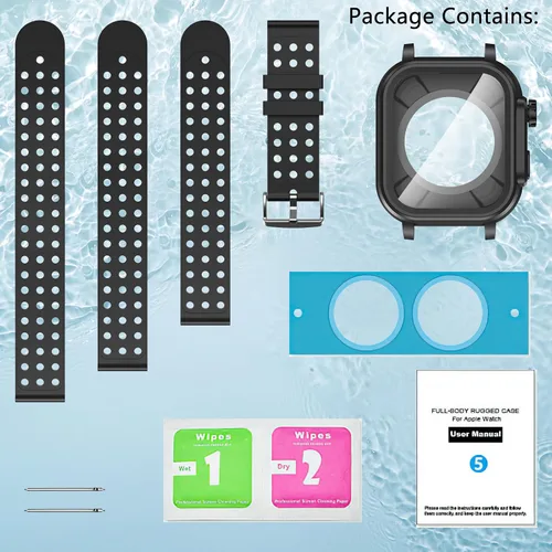 Vista 5 de Hensinple Funda impermeable IP68 y correa para Apple Watch Series 3 de 1.654 pulgadas con protector de pantalla, resistente a los golpes, duradera