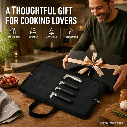 Vista 7 de Rollo de cuchillos, bolsa resistente para cuchillos, estuche de lona encerada con 4 ranuras para cuchillos y herramientas de cocina, bolsa