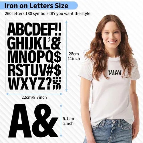 Vista 2 de 10 hojas, 440 piezas de letras termoadhesivas para ropa, letras de transferencia térmica de 2 pulgadas, letras de vinilo negro termoadhesivas