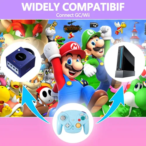 Vista 5 de Dliaonew 24G Wireless Gamecube Controller Classic Gamecube Wii Controller with Receiver Adapter for Wii Gamecube NGC Pink and Blue