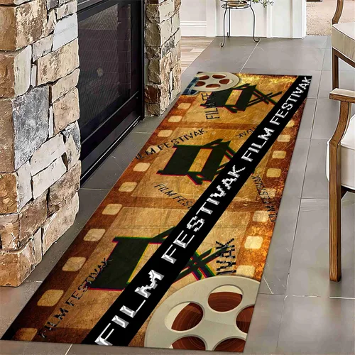 Vista 16 de Alfombra retro de cine en casa, 1.3 x 7 pies, patrón clásico de tablilla negra y carrete de película, alfombra decorativa antideslizante para sala