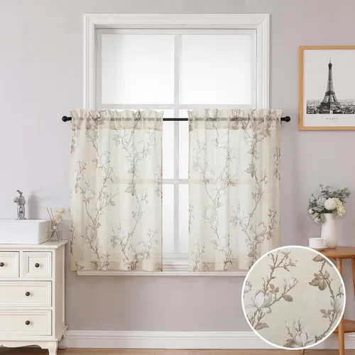 Vista 24 de SMILE WEAVER 2 paneles de cortinas traslúcidas turquesa de 45 pulgadas de largo, para sala de estar, cortinas semitransparentes florales
