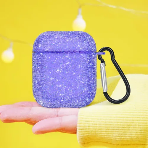 Vista 7 de Newseego Funda para AirPods de 1 y 2 generación, funda de lujo con diamantes de imitación brillantes con llavero para mujeres y niñas, antiarañazos