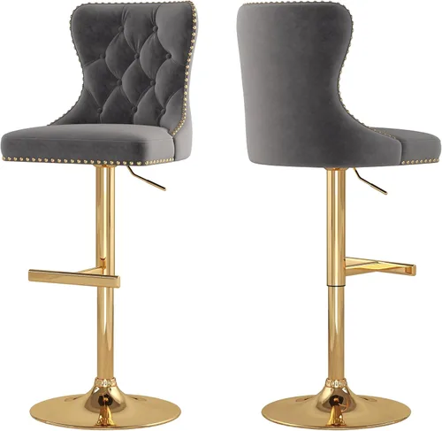 Vista 16 de Juego de 2 taburetes de bar, taburetes giratorios de terciopelo con respaldo copetudo, asiento ajustable con ribete de cabezas de clavos, sillas