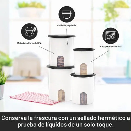 Vista 4 de Tupperware One Touch Reminder Canisters - Juego de 4 recipientes para almacenamiento de alimentos, apto para lavavajillas y sin BPA