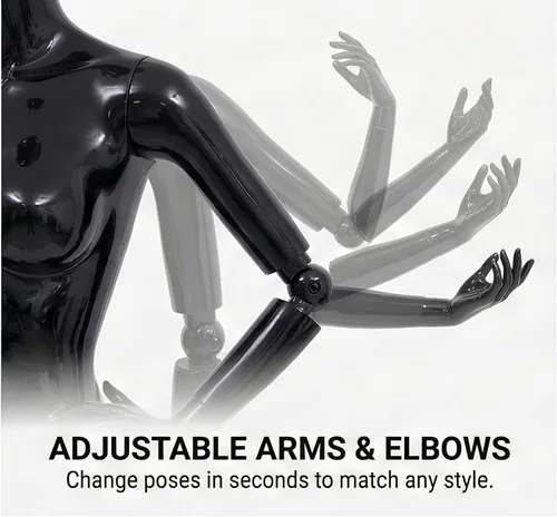 Vista 4 de Maniquí femenino negro brillante de 70 pulgadas con brazos ajustables, forma de vestido de cuerpo completo con base de metal para exhibición