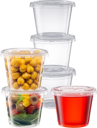 Vista 8 de Pantry Value Vasos de gelatina de 1 oz con tapas [100 unidades] Recipientes de plástico desechables transparentes para porciones, vasos
