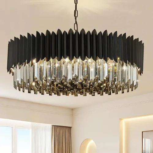 Vista 14 de Candelabro de cristal negro de 20 pulgadas, K9, luces colgantes redondas, ajustables, de 4 niveles, gran lámpara de cristal moderna, 6 luces