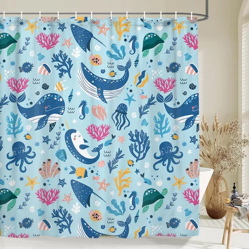 Vista 5 de Cortina de ducha náutica para niños, azul bohemio, océano, tiburón, abstracto, dibujos animados, decoración de baño, con cortinas de ducha de tela