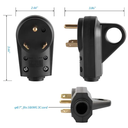Vista 5 de Veepeak Enchufe de repuesto macho de 30 amperios TT-30P resistente 125V 30A nominal 3 clavijas conector de alimentación eléctrica extremo de cable