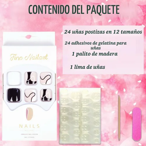 Vista 4 de Uñas postizas a presión con diseños de líneas, uñas postizas artificiales negras y blancas para los dedos, uñas postizas acrílicas brillantes