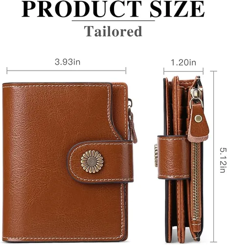 Vista 3 de FALAN MULE Cartera pequeña para mujer, de piel, plegable, compacta, pequeña, con bloqueo RFID, Marrón, Vintage
