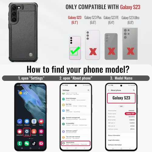 Vista 6 de Vinich - Funda tipo cartera para Samsung Galaxy S23 con tarjetero, color negro Ranuras de crédito con bloqueo RFID, soporte para teléfono a prueba