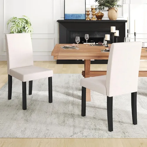 Vista 2 de COSTWAY Juego de 2 sillas de comedor sin brazos de tela, sillas laterales tapizadas de cocina con patas de madera de goma, asiento acolchado y Beige