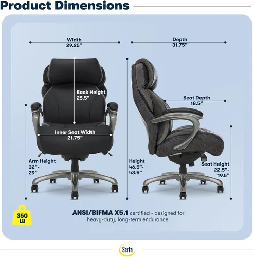 Vista 2 de Silla de oficina Serta grande y alta con capas inteligentes y tecnología de aire, Cuero, Negro