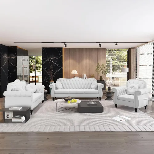 Vista 3 de AVZEAR Chesterfield - Juego de sofás seccional de 2 piezas para sala de estar, sofá tapizado en terciopelo moderno de mediados de siglo, sofá Blanco