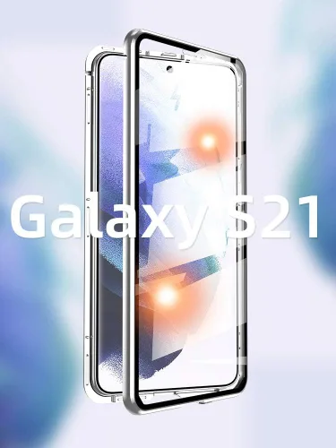 Vista 7 de Funda para Galaxy S21 con bloqueo de seguridad + adsorción magnética, vidrio templado de doble cara, a prueba de golpes, parachoques de aluminio Oro