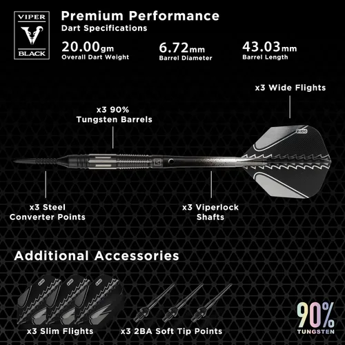 Vista 6 de Viper Juego de dardos de conversión de punta suave o acero profesional de tungsteno de flujo negro al 90%