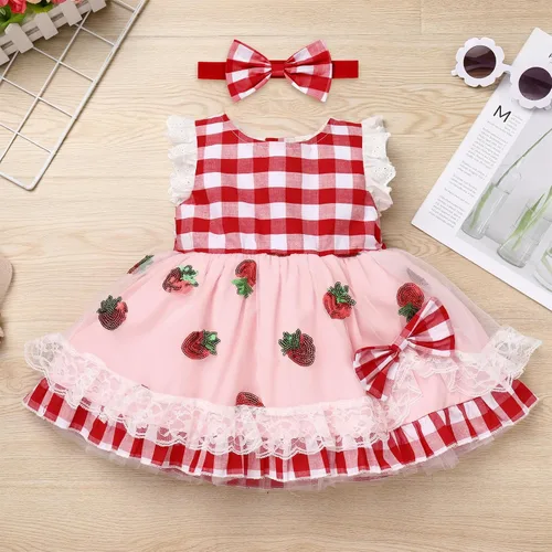 Vista 3 de IDOPIP Baby Girls Gingham Tutu Dress Sequin Strawberry Cow Print Princess Birthday Party Dresses with Headband 2PCS Outfit