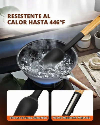 Vista 5 de Badiano Juego de cucharas de espátula de silicona para utensilios de cocina Negro