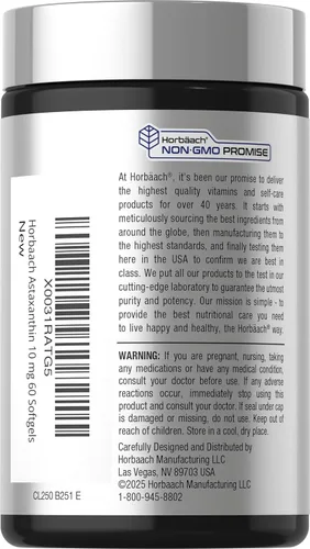 Vista 3 de Horbäach Astaxantina Suplementos 10mg 60 cápsulas blandas Fórmula derivada de algas Sin OMG, sin gluten