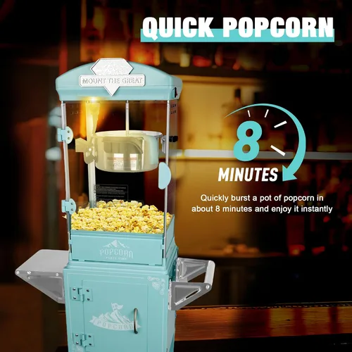 Vista 4 de Máquina de palomitas de maíz vintage con carrito y ruedas retro, máquina de palomitas de maíz de cine en casa de un solo toque para reuniones Cian
