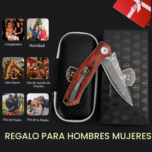 Vista 7 de Cuchillo de bolsillo plegable de Damasco AUBEY hecho a mano con clip para hombres, cuchillo de caza de Damasco EDC con bloqueo de vástago para Mango