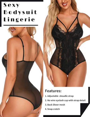 Vista 3 de Aranmei vestido completo sexy de encaje de pestañas para mujer, lencería de peluche a presión