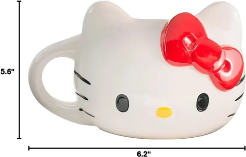 Vista 4 de Bioworld Hello Kitty - Taza de cerámica esculpida, 16 onzas, cara de personaje blanca con lazo rojo, detalles pintados a mano, con licencia