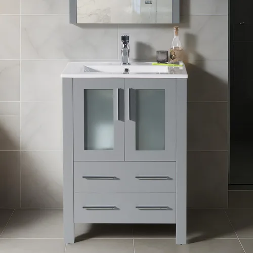 Vista 14 de Blossom Tocador de baño de madera maciza espresso de 16 pulgadas con fregadero, pequeño gabinete independiente con fregadero de cerámica y puerta