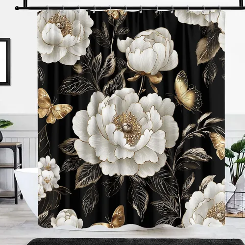 Vista 24 de Cortina de ducha de mariposa floral negra y dorada, cortina de ducha bohemia con diseño botánico de flores oscuras para baño con gancho, juego