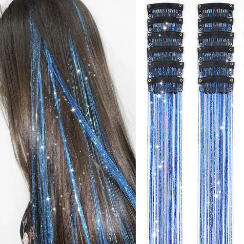 Vista 13 de Ubeleco Kit de oropel para cabello negro de 12 piezas, accesorios de cabello con clip de 52 cm, kit de oropel de pelo de hada para Navidad y Año