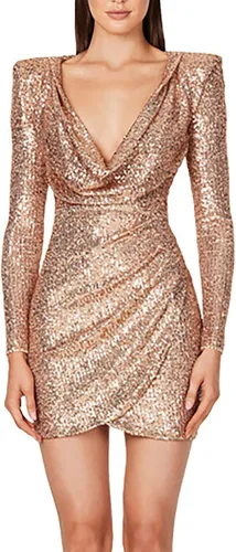 Vista 2 de Vestido sexy de lentejuelas para mujer, cuello en V, fruncido, entallado, para cóctel, fiesta, club nocturno, talla grande, vestidos de encaje