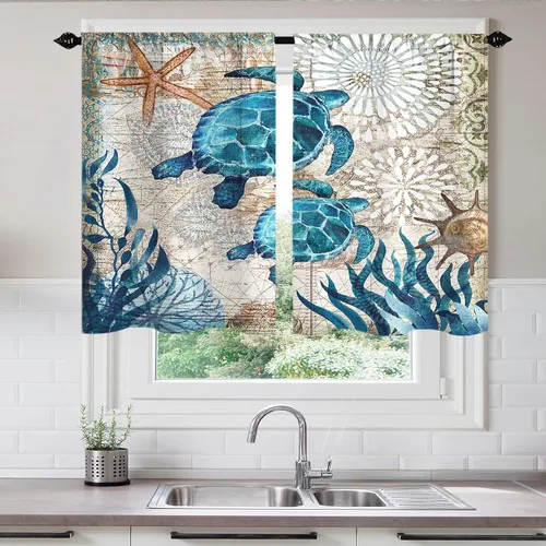 Vista 2 de Cortinas cortas de cocina con diseño náutico de tortugas marinas azules y playas, media cortina de baño para dormitorio, juego de 2 paneles de 27.5
