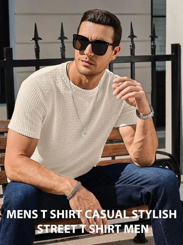 Vista 5 de PLEPAN Camiseta casual para hombre, cuello redondo, manga corta, para verano, playa, malla, punto gofre, tejido pesado, suave, para hombre