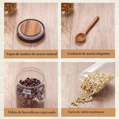 Vista 6 de KOSKIMER Juego de recipientes para café y azúcar, frascos de café de vidrio con tapas de madera y cucharas, recipientes decorativos para azúcar, té